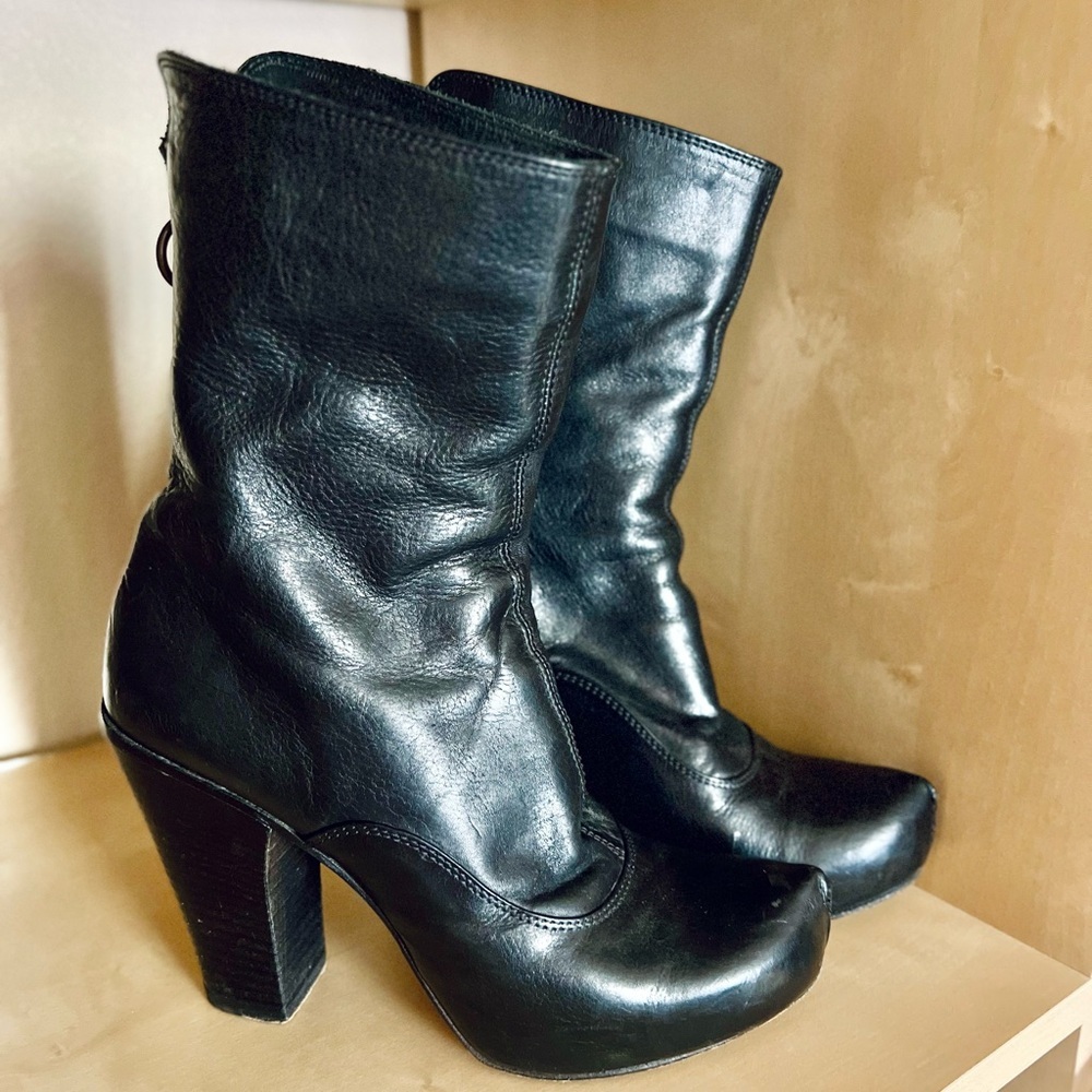 Fiorentini + Baker Black Heeled Leather Mid-Calf Boots Modern 1970s Revival